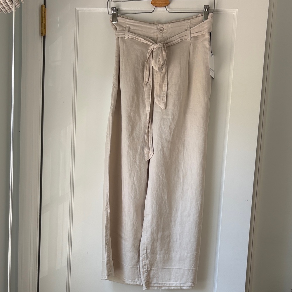 Bella Dahl Beige Wide-Leg Linen Blend Tie-Waist Pants